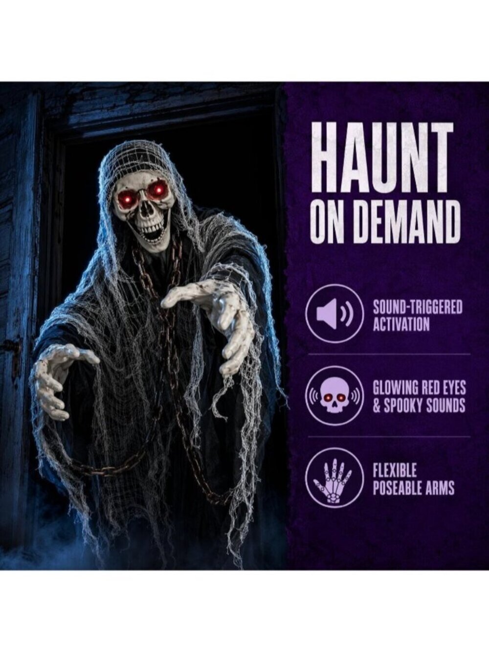 6ft Sound-Controlled Swinging Scary Skeleton Ghost Decoration Featuring Sound - Picture 3 of 6